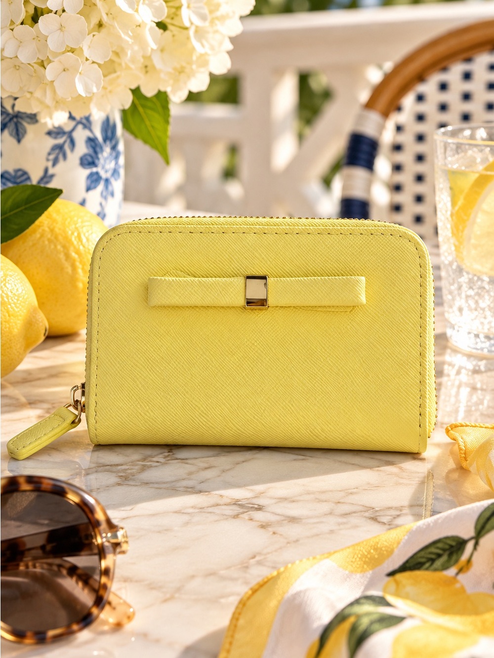 Yellow Bow Zip Around Wallet Gold Hardware Preppy Coquette Feminine